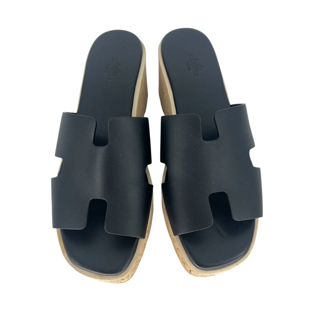 Hermès Eze 30 Cork Platform H Slide Sandals Black Leather Size 40